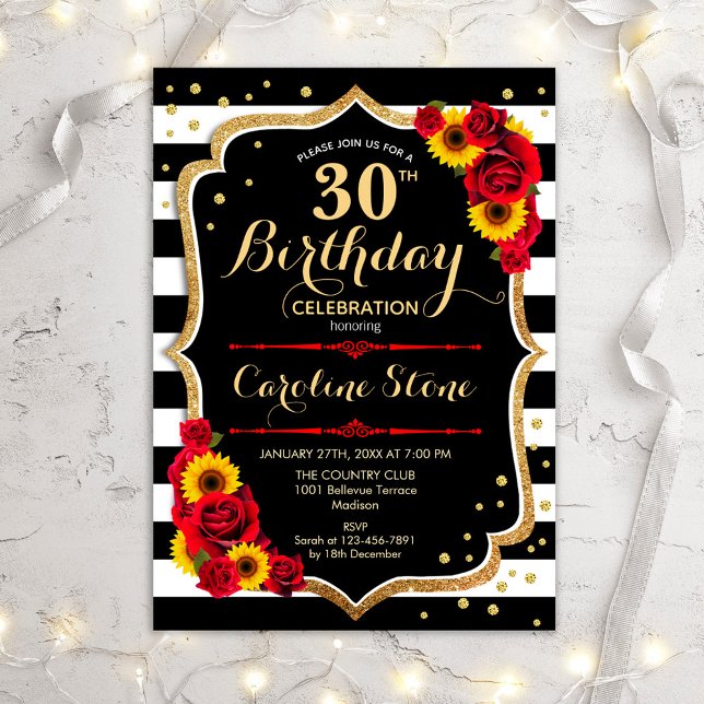 Invitation 30e anniversaire - Sunflowers Rose Black Gold (Créateur téléchargé)