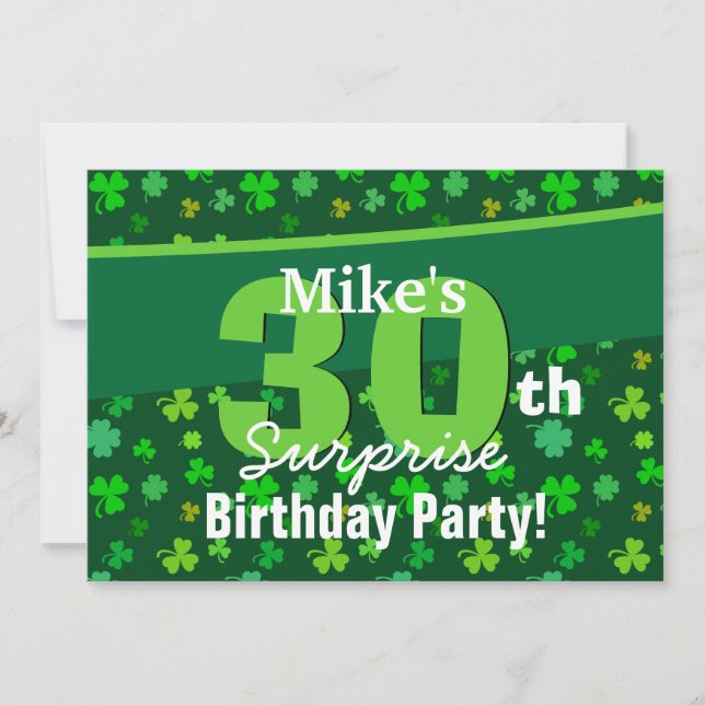 Invitation 30e anniversaire surprise Lucky Green Shamrocks A0 (Devant)