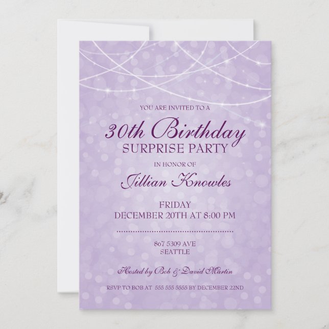 Invitation 30e anniversaire Surprise Party Mauve Bokeh (Devant)