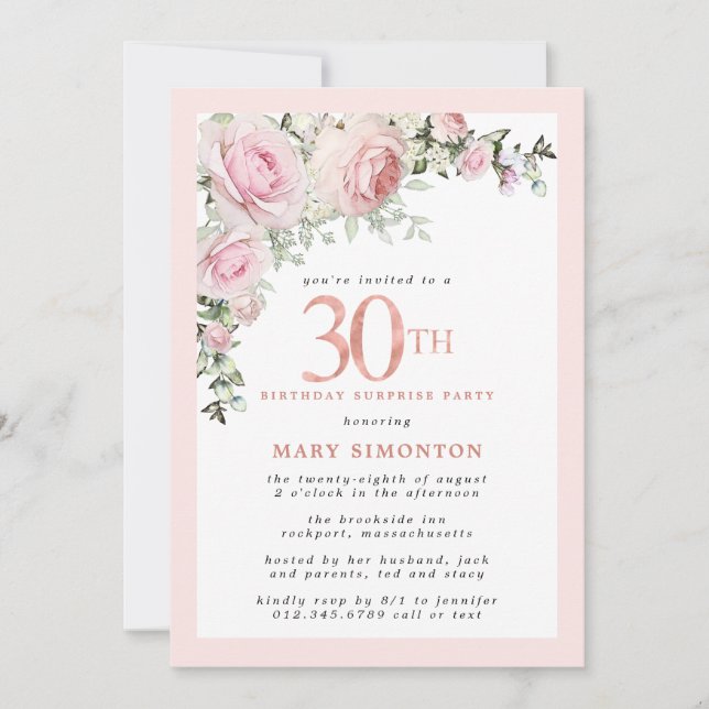Invitation 30e anniversaire Surprise Party Rose rose Floral (Devant)