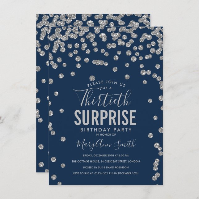 Invitation 30e anniversaire surprise Silver Navy Blue (Devant / Derrière)