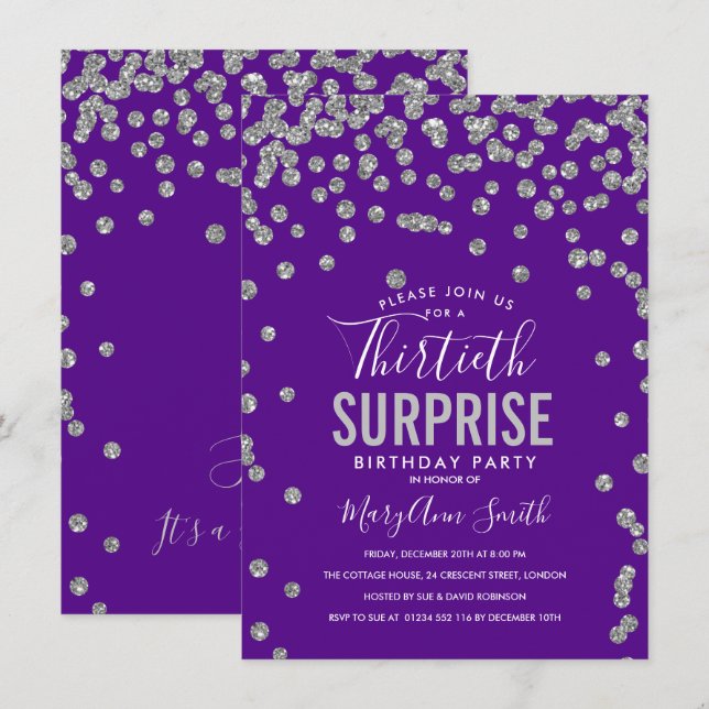 Invitation 30e anniversaire surprise Silver Purple (Devant / Derrière)