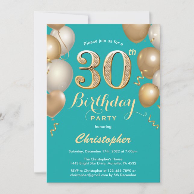 Invitation 30e anniversaire Turquoise et or Balloons Confetti (Devant)