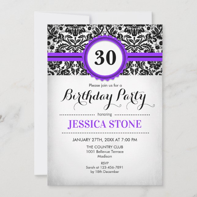 Invitation 30e anniversaire - Violet noir blanc Damas (Devant)