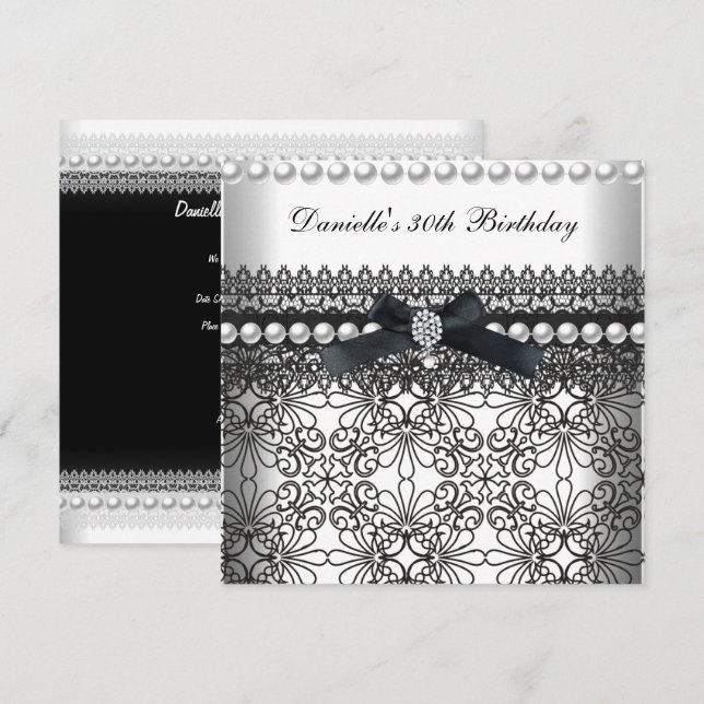 Invitation 30e fête d'anniversaire Damask Black White Pearl (Devant / Derrière)