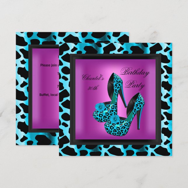 Invitation 30e fête d'anniversaire Hot rose Leopard Turquoise (Devant / Derrière)