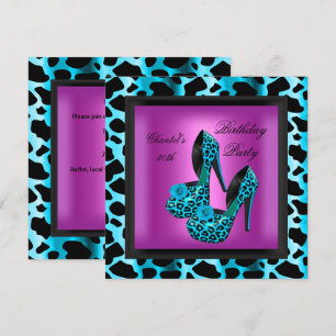 Invitation 30e fête d'anniversaire Hot rose Leopard Turquoise