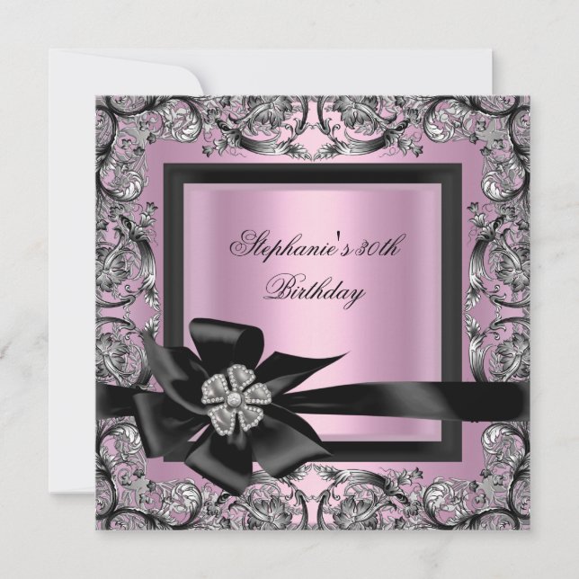 Invitation 30e fête d'anniversaire Pink Silver Black Bow (Devant)