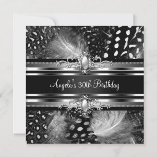 Invitation 30e fête d'anniversaire Plumes sauvages Argent Noi