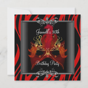 Invitation 30e fête d'anniversaire Red Zebra Black Masque
