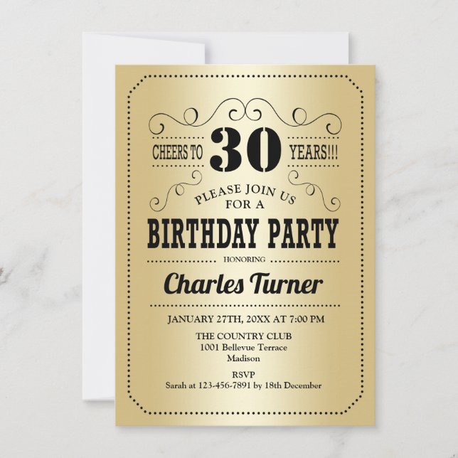 Invitation 30e fête d'anniversaire - Retro Gold Black (Devant)