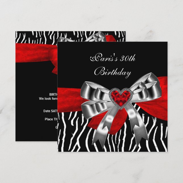 Invitation 30e fête d'anniversaire Silver Red Black White Zeb (Devant / Derrière)