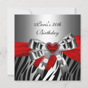 Invitation 30e fête d'anniversaire Silver Red Black Zebra