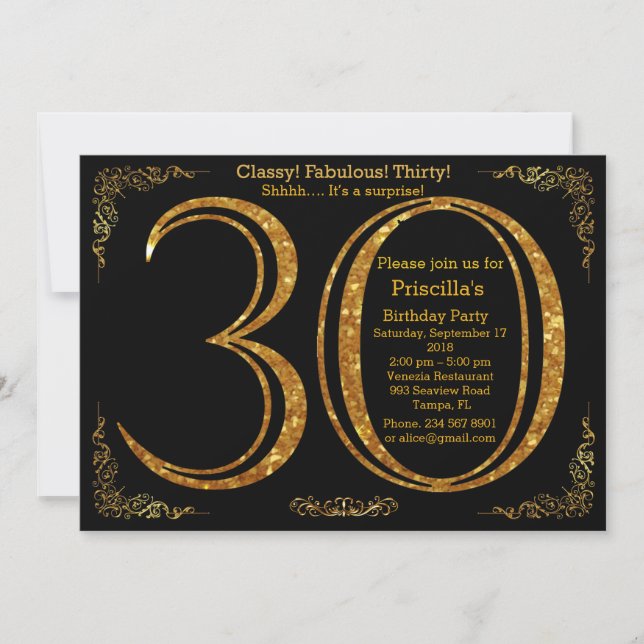 Invitation 30e, fête d'anniversaire, trente, Gatsby, noir & o (Devant)