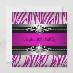 Invitation 30e fête d'anniversaire Zebra Hot Pink Silver Blac