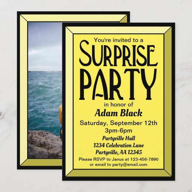 Invitation 30e Jaune Art Déco Photo Anniversaire Surprise Par (Devant / Derrière)
