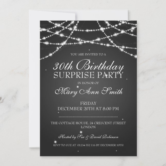 Invitation 30e Surprise Anniversaire de la fête Stars Noir (Devant)