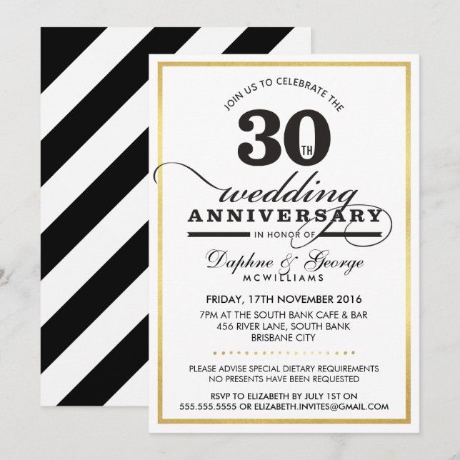 Invitation 30ÈME ANNIVERSAIRE DE MARIAGE élégant chic or noir (Devant / Derrière)