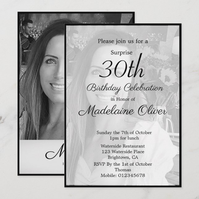 Invitation 30ème Classy Monogramme noir blanc photo Anniversa (Devant / Derrière)