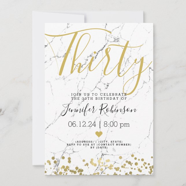 Invitation 30ème Or et marbre modernes de fête d'anniversaire (Devant)