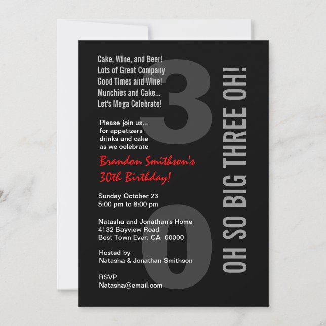 Invitation 30ème Rouge blanc TROIS OH de noir moderne (Devant)