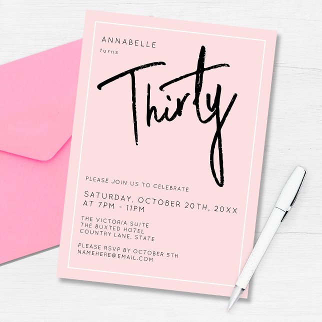 Invitation 30ème Trente-trentième anniversaire moderne (Modern blush pink 30th birthday party invitation. Perfect for any thirty / thirtieth birthday party)