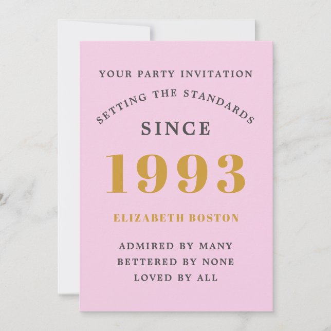 Invitation 30th Birthday 1993 Pink Grey Ajouter un nom Année (Devant)