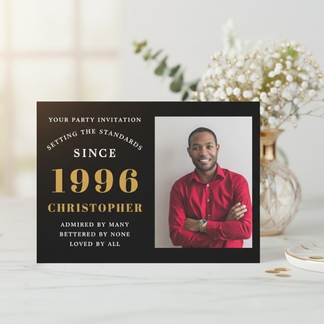 Invitation 30th Birthday 1996 Black Gold Personalized Photo (1996 birthday invitation. White background with flowers.)