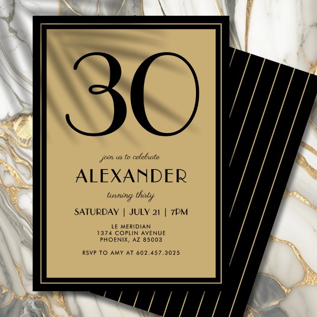 Invitation 30th Birthday Adult Black and Gold Modern Minimal  (Personalized black and gold invitation for an unforgettable 30th birthday.)