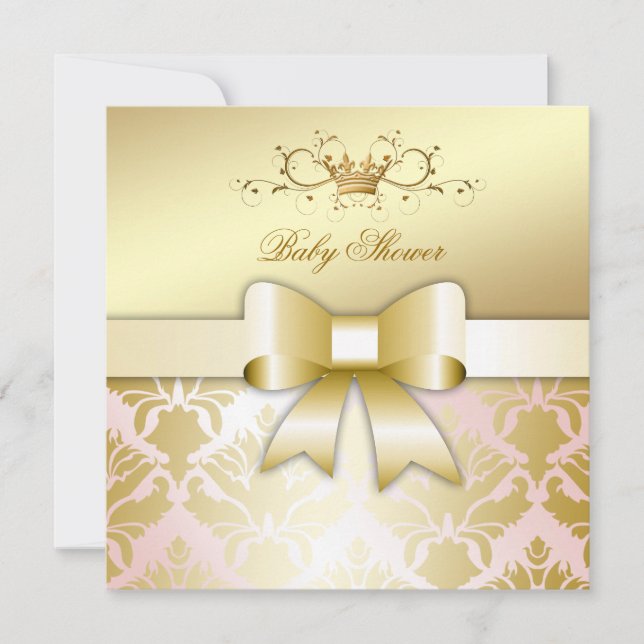 Invitation 311 Damask Shimmer Bow Champagne Baby shower rose (Devant)