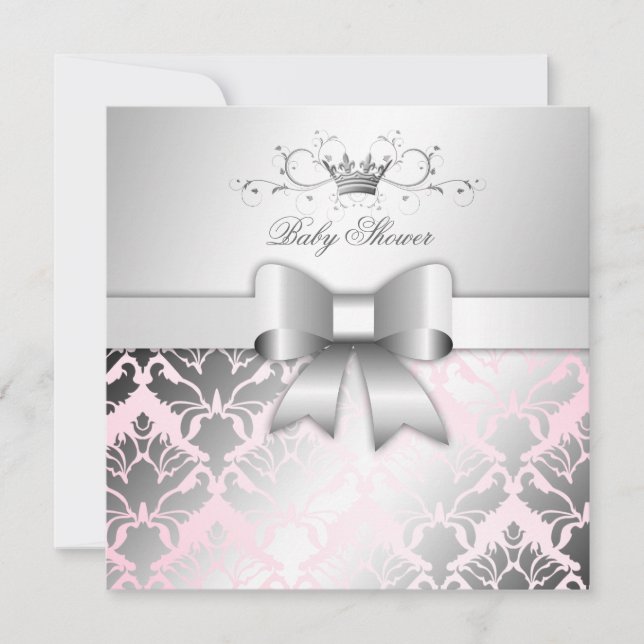 Invitation 311-Damask Shimmer Bow Précieux Baby shower rose (Devant)