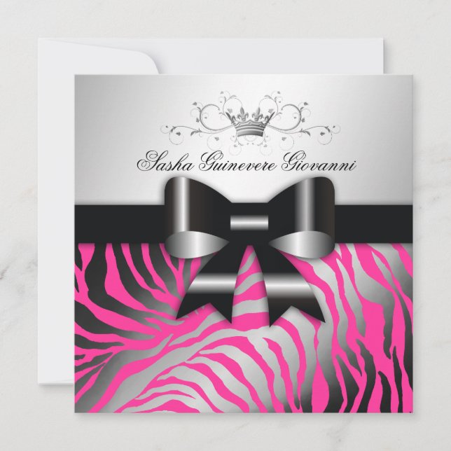 Invitation 311-Zebra Shimmer Black Bow Hot Pink| Sweet 16 (Devant)