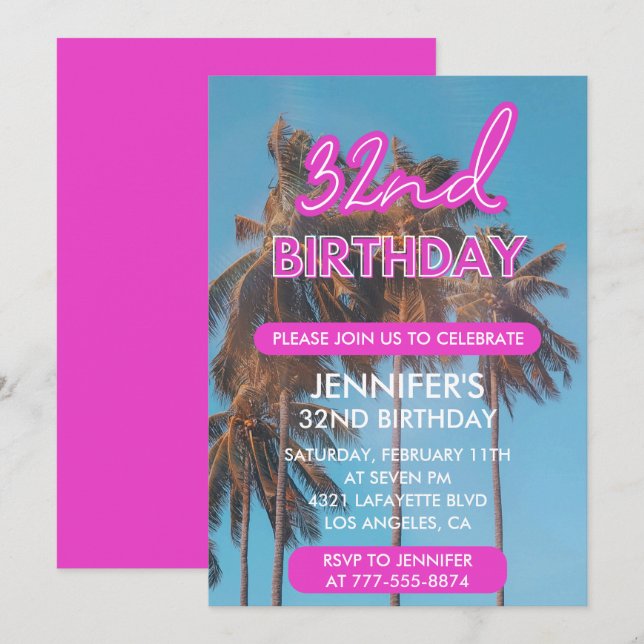 Invitation 32e anniversaire d'invitation Summer Pink Palm tre (Devant / Derrière)