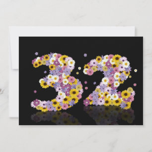 Invitation 32e fête d'anniversaire, avec des lettres fleuries