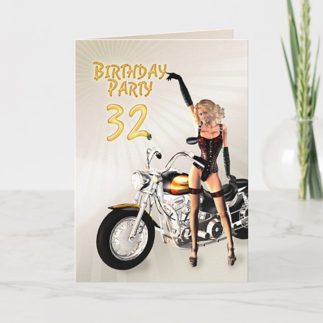 Invitation 32ème fête d'anniversaire avec une fille et moto (Devant)