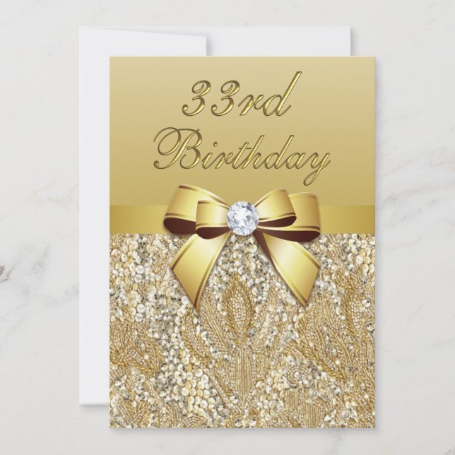 Invitation 33e anniversaire Séquins et Bow Gold Faux (Devant)