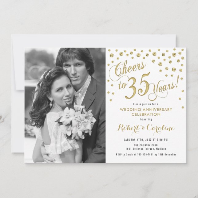 Invitation 35e anniversaire avec photo - Blanc or (Devant)