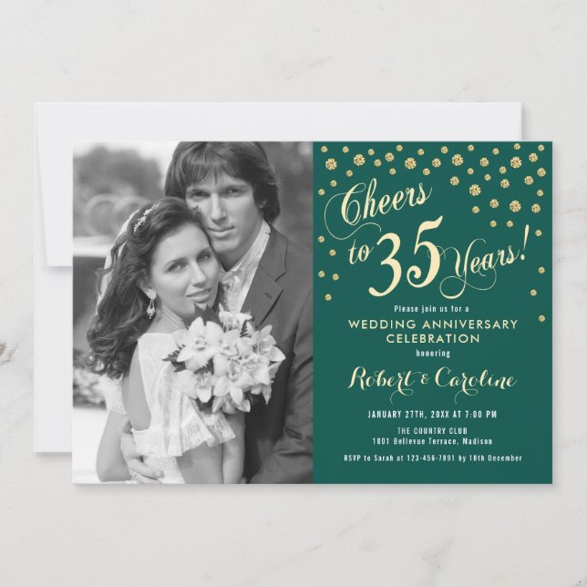 Invitation 35e anniversaire avec photo - Émeraude verte or (Devant)