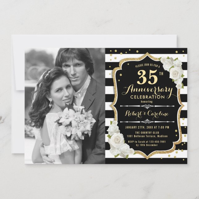 Invitation 35e anniversaire avec photo - Noir or (Devant)
