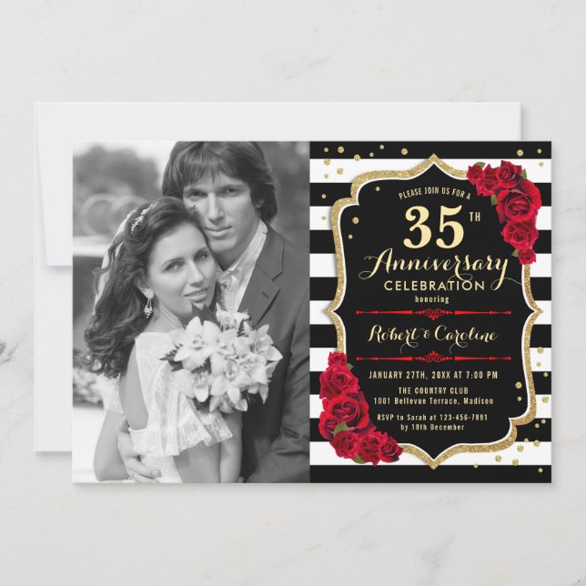 Invitation 35e anniversaire avec photo - Noir Or Rouge (Devant)