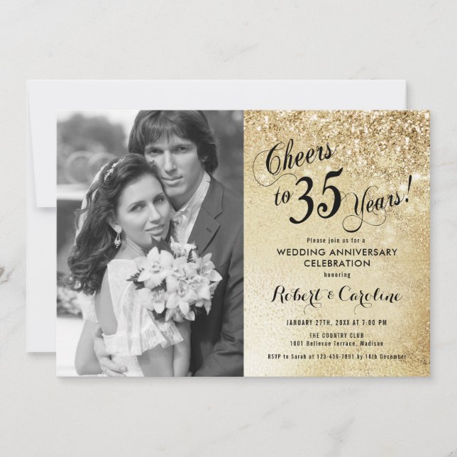 Invitation 35e anniversaire avec photo - Or (Devant)