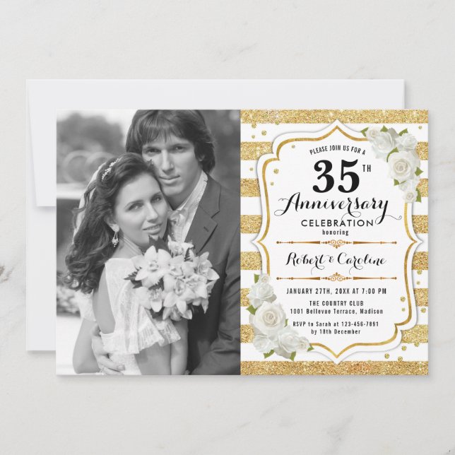 Invitation 35e Anniversaire avec Photo - Or Blanc (Devant)