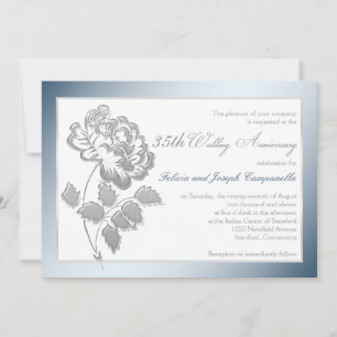 Invitation 35e Anniversaire Blanc, Pivoine Argenté
