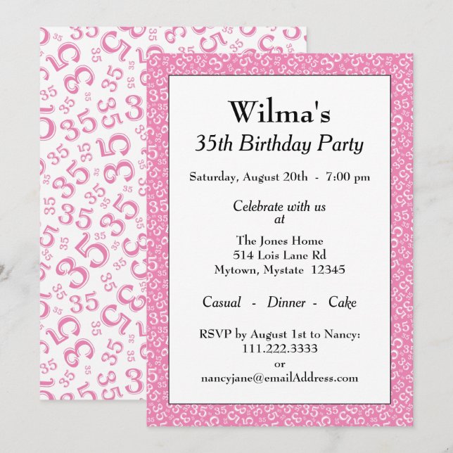 Invitation 35e anniversaire de fête Thème Motif rose et blanc (Devant / Derrière)