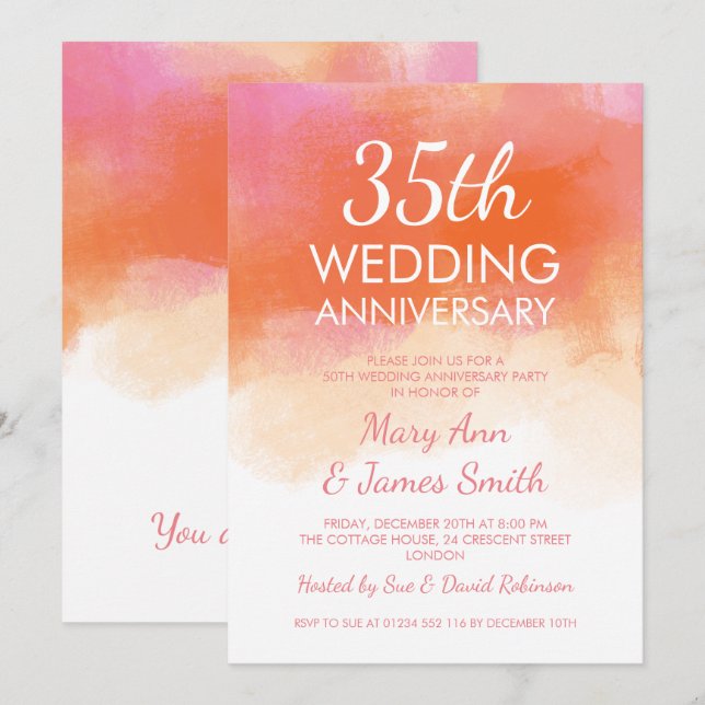 Invitation 35e Anniversaire de Mariage Corail Rose Aquarelle (Devant / Derrière)