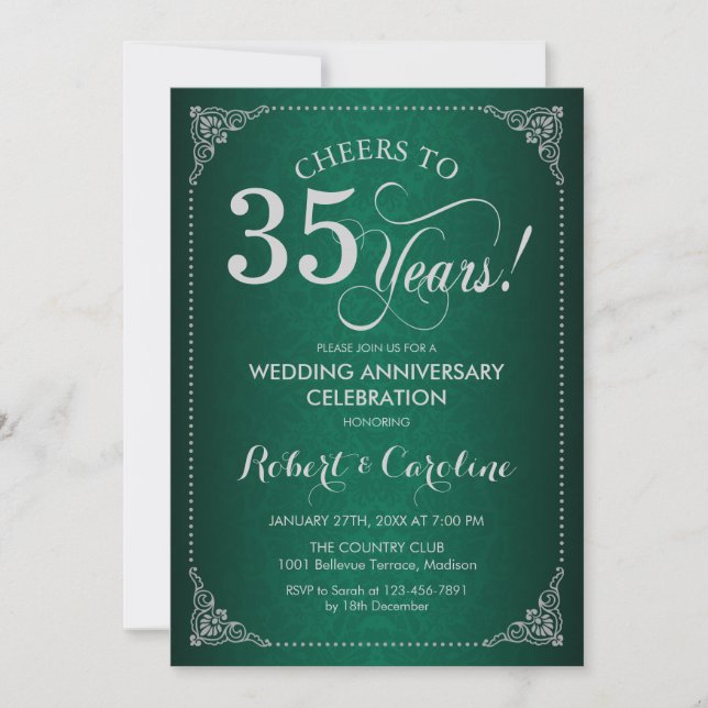 Invitation 35e anniversaire de mariage - Damask vert argent (Devant)