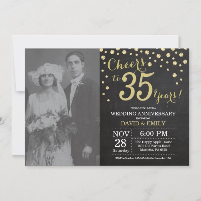 Invitation 35e anniversaire de mariage tableau noir et or (Devant)