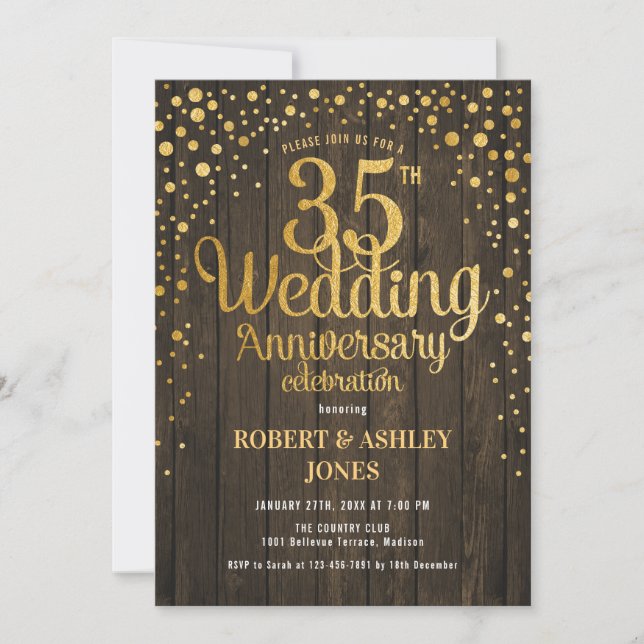 Invitation 35e anniversaire du Mariage - Bois & Or (Devant)