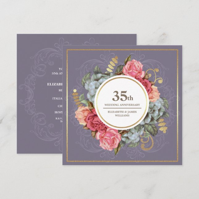Invitation 35e anniversaire du Mariage fête de la florale Vin (Devant / Derrière)