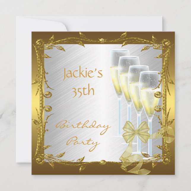 Invitation 35e anniversaire fête Elégant or blanc (Devant)